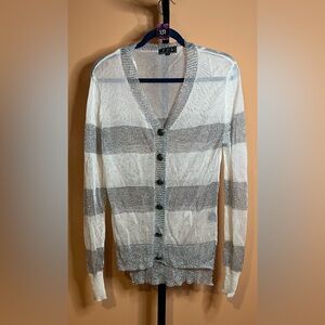 POL Gray and White Color Block Cardigan Sweater